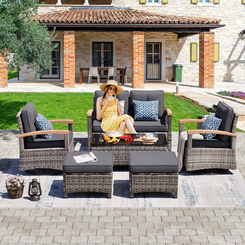 7 Pieces Patio Furniture Sets,Outdoor Rattan Furniture Conversation Sets With 2 Wood Armrests Swivel Rocker Chairs, 2 Ottoman, 2-Seat Sofa And Coffee Table