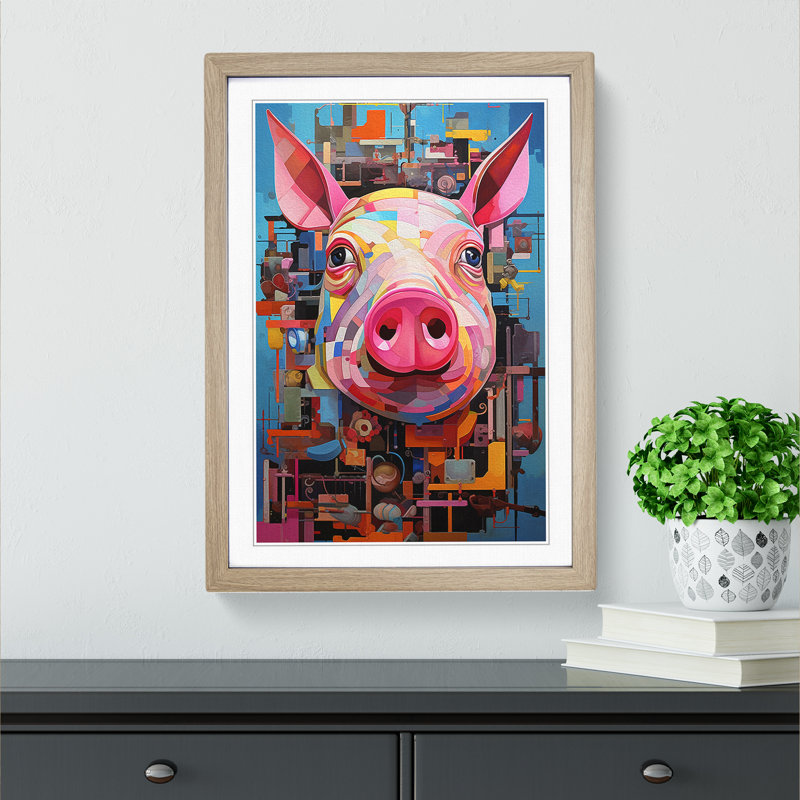 XYZ-FRM-V1223-5132 Pig Constructivism - Single Picture Frame Print on Wood, 46cm H x 34cm W x 2cm D, Oak