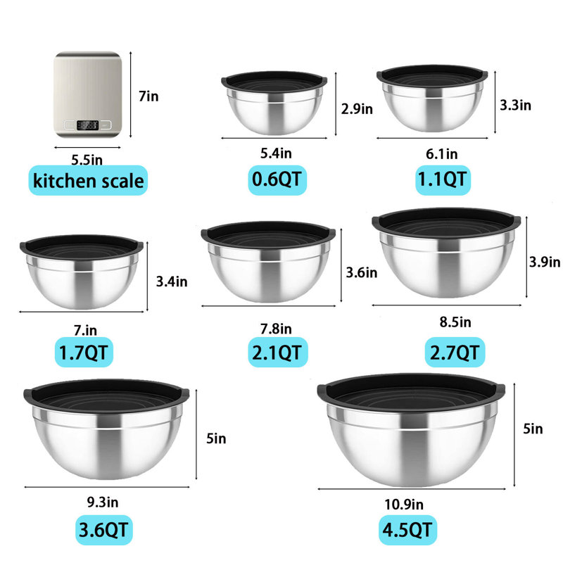 Ensemble de 7 bols en acier inoxydable. Ensemble de bols pour la cuisson, le mélange, le service et la préparation.