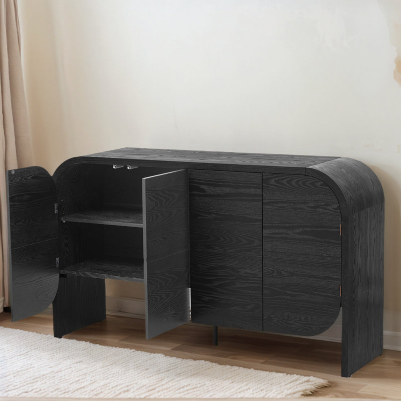 Buffet rétro à 4 portes avec bords arrondis, tablettes réglables et beaucoup de rangement, Noir