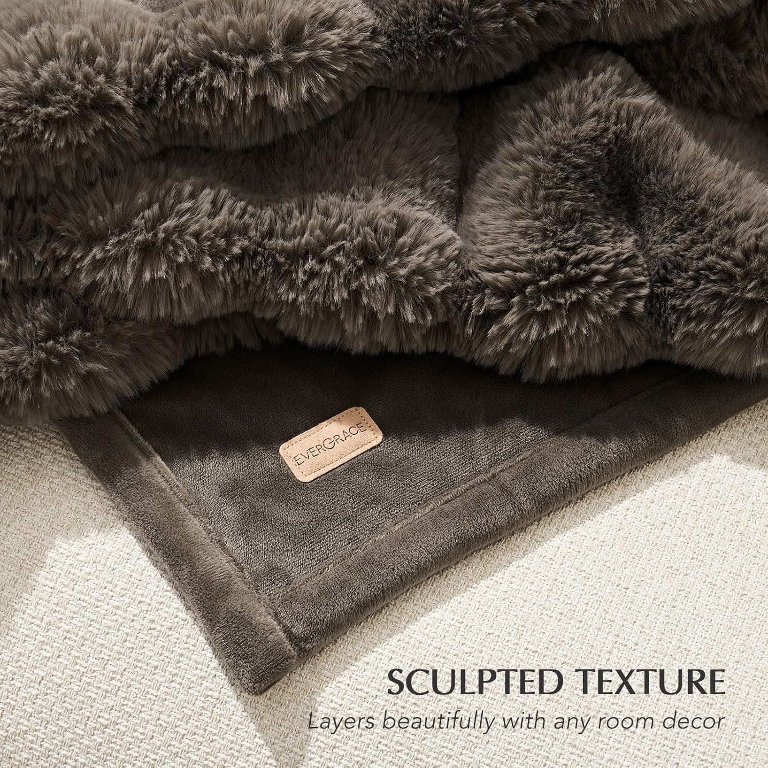 Ridgeline Faux Fur Throw Blanket, Dark Taupe, 90" L x 90" W