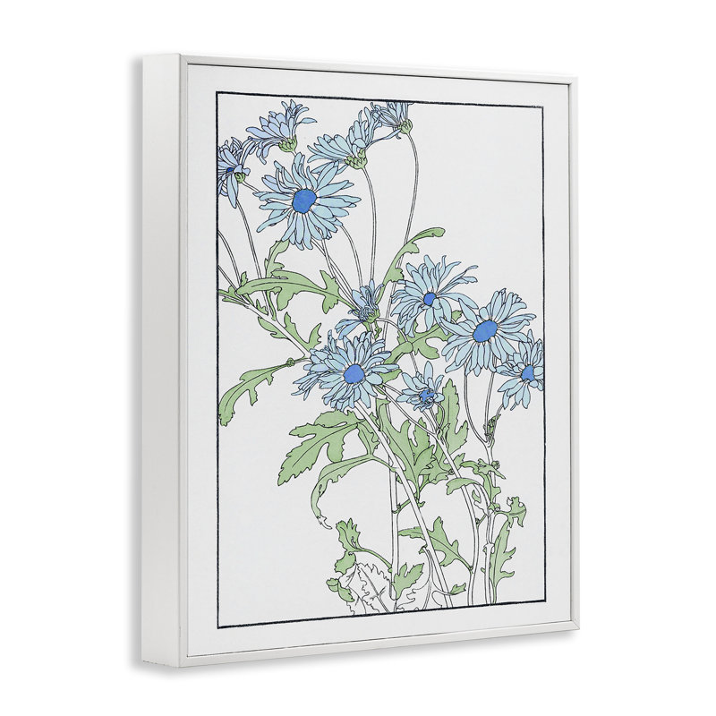 «Blue Daisies», dessin par CAD Designs, H 30 po x l 24 po, Giclée encadrée blanc bord de mer