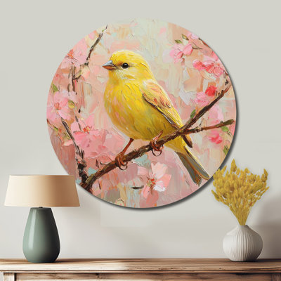 «Songbird In Melody Summer Tree I», art mural rond en métal, reproduction d'art moderne en métal jaune