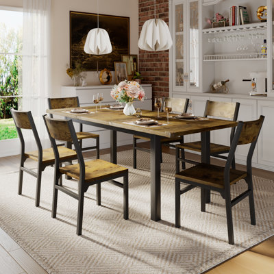 Ensemble de table de salle à manger 7 pièces Einhomn avec 6 chaises, ensemble de table de cuisine extensible de 63 po pour 4 à 6 personnes, table de salle à manger avec structure en métal et panneau de fibres à densité moyenne, parfait pour les petits appartements et facile à nettoyer