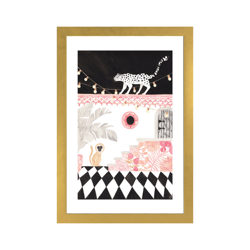 Art sur papier leopard et singe, Papier encadré doré, H 24 po x l 16 po x P 1 po