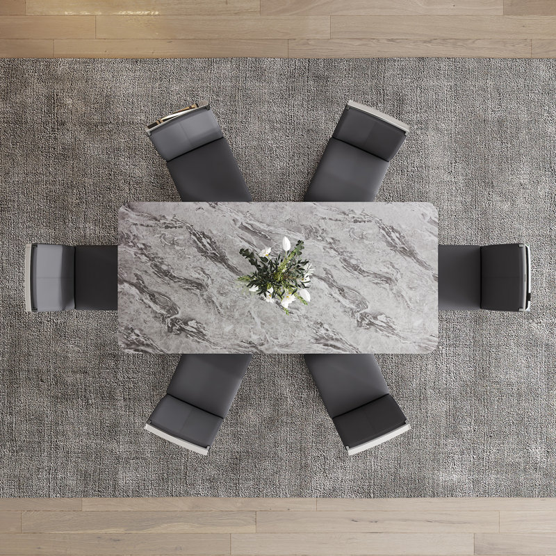 71" Dining Table Set, Modern Tempered Glass Top With PU Leather Chairs, Gray, 7 Pieces: Table, 6 Chairs