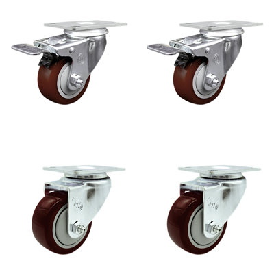 3 Inch SS Polyurethane Top Plate Caster Set 2 Total Lock Brakes SCC