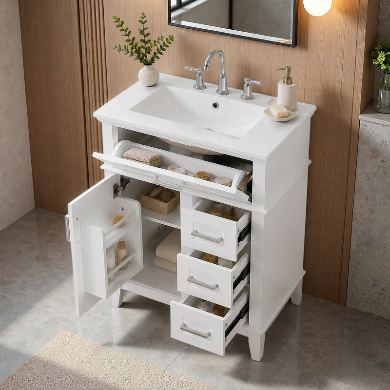 Meuble-lavabo simple autoportant de 24 pouces avec lavabo en céramique, 1 porte, tiroir rabattable et 3 tiroirs, Blanc