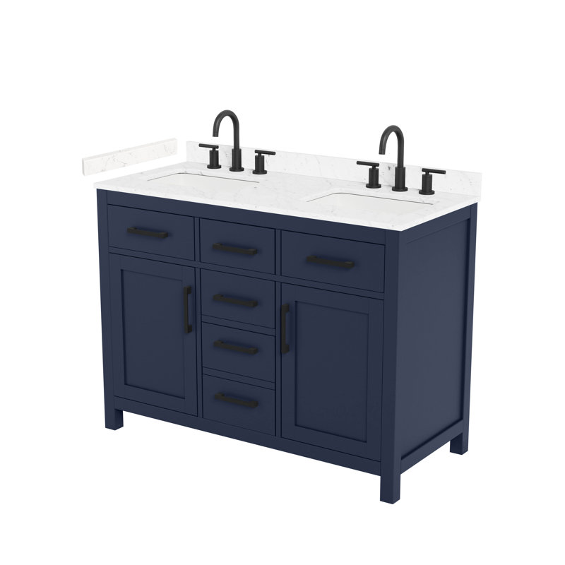 Ensemble de meuble-lavabo double 48 po Beckett, Bleu foncé avec bordure noir mat, Comptoir en marbre de culture de Carrare