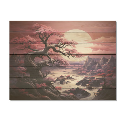 Purple Cherry Blossom Tree By The Lake III - Tree Cherry Blossom On Wood Print