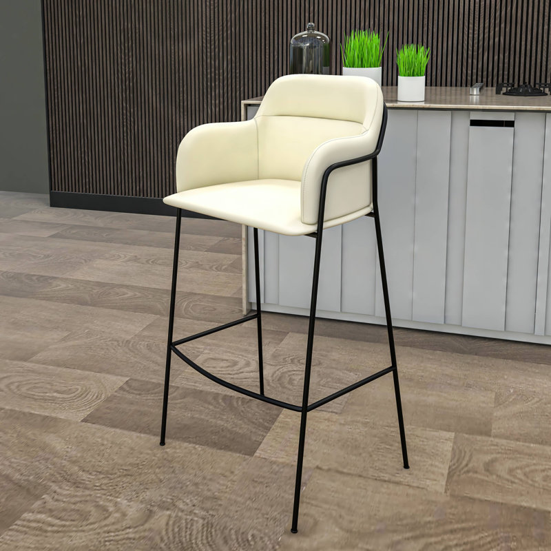 Wainaku Upholstered Bar Stool – Pub Chair with Powder-Coated Black Stainless Steel Base – Low-Back, Padded Faux-Leather Seat, Contemporary Accent Seating