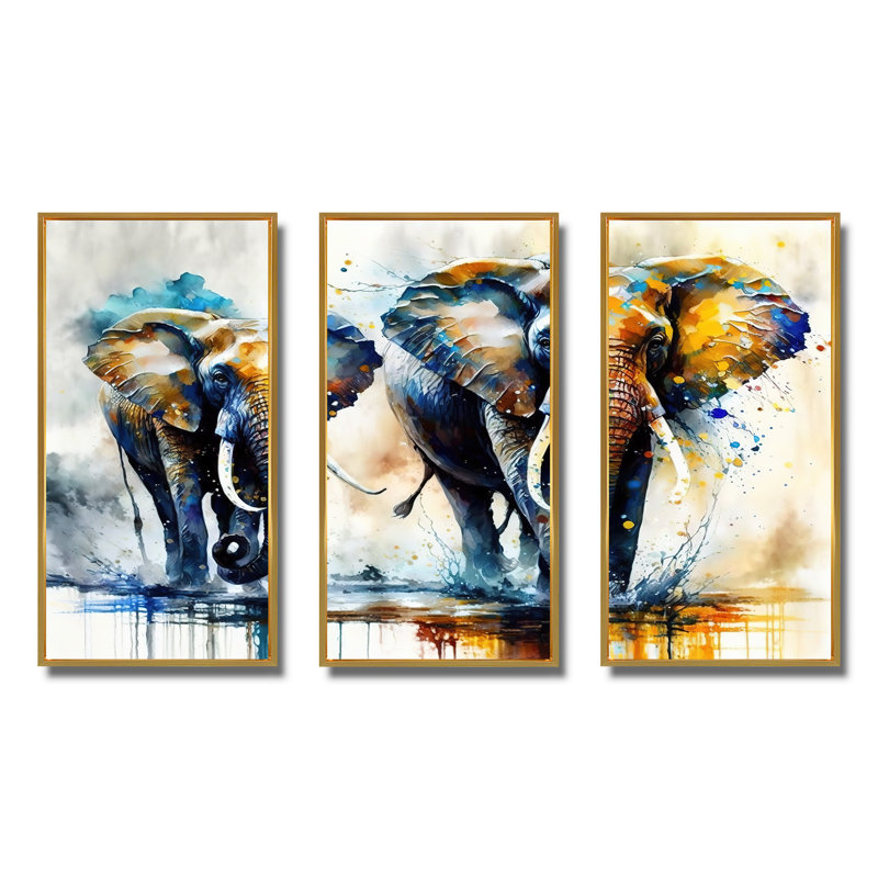 Éléphants qui courent II - impression de 3 pièces, Encadrement doré, H 28 po x l 36 po x P 1 po