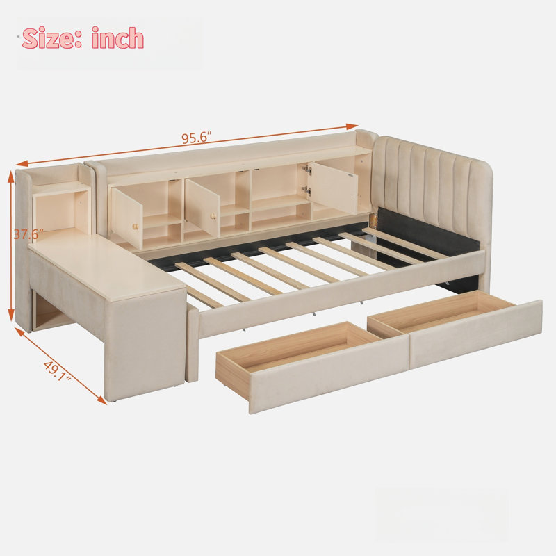 Upholstered Daybed With 2 Drawers, Storage Shelves, Flip Cabinets & Side Table, Vertical Striped Design, Beige