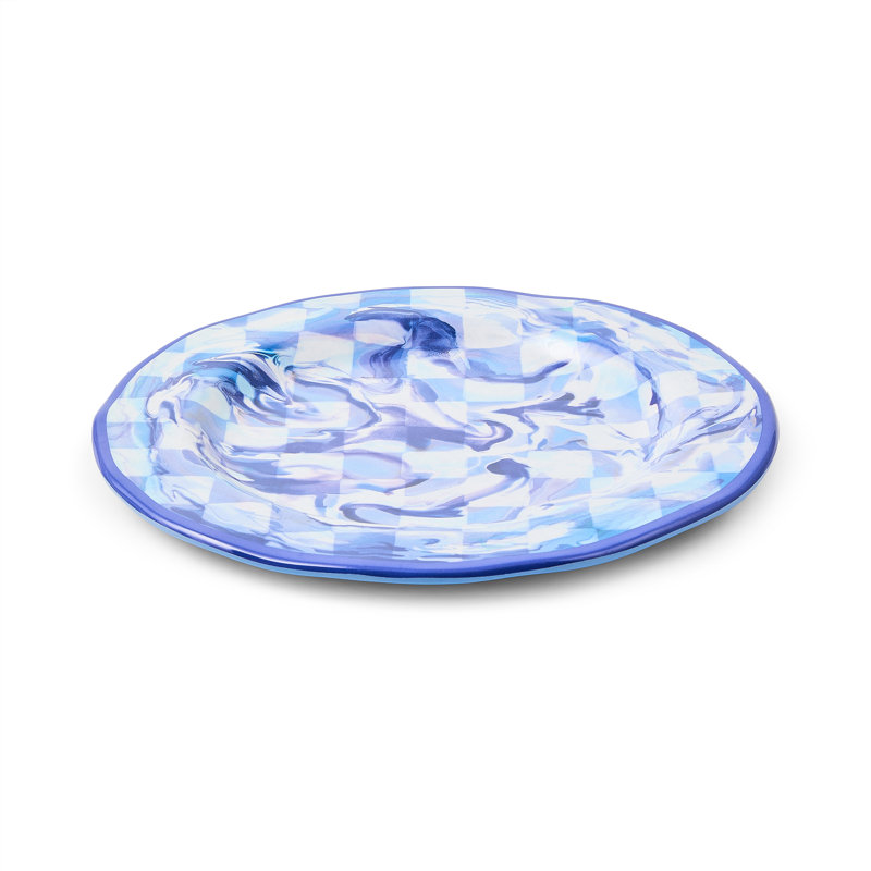 Pink Marble Check Melamine Dinner Plates, Blue