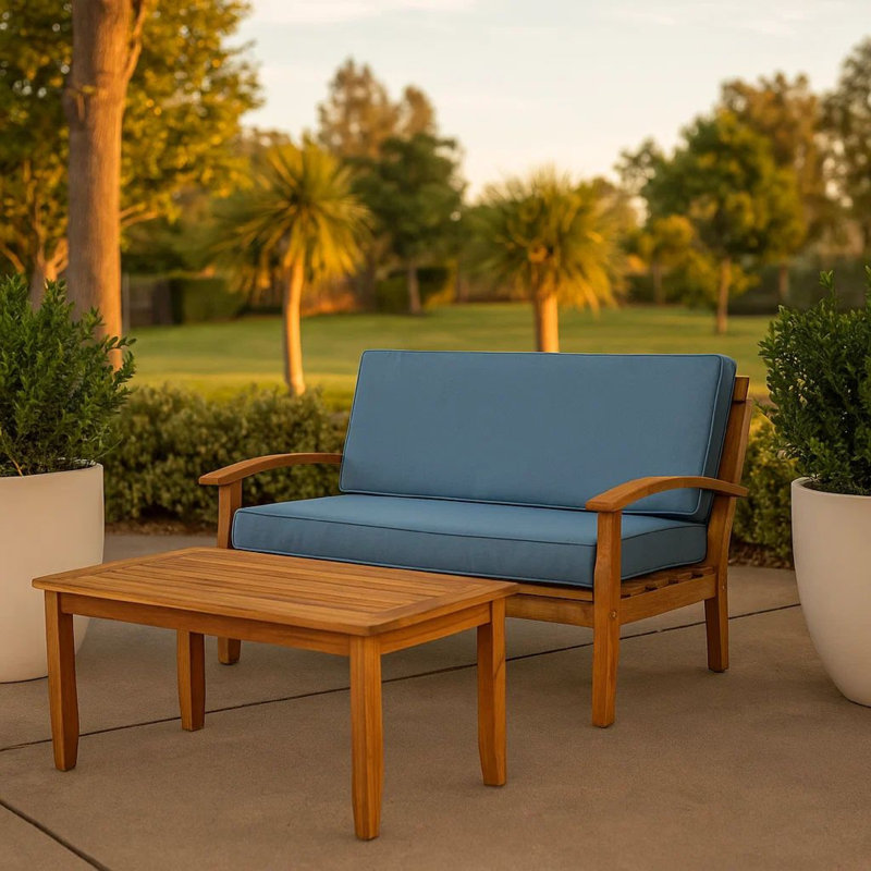 Barrentine Acacia 2 - Person Patio Conversation Set with Cushions, Brown Frame / Blue Cushion