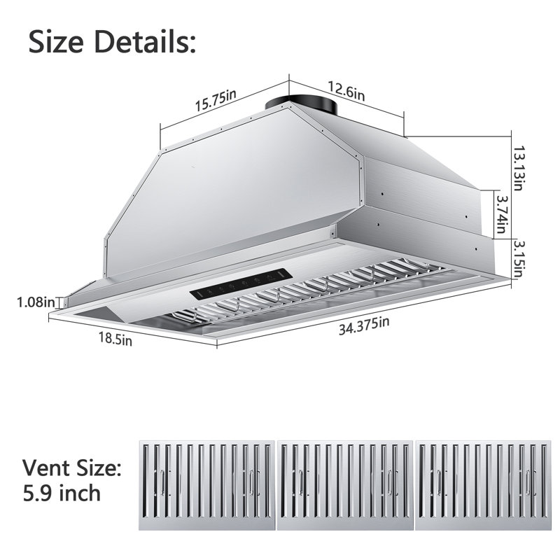 36" 900 CFM Ducted Insert Range Hood in Stainless Steel with Remote Control Included