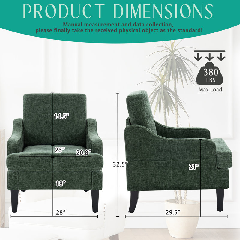 Ensemble de 2 chaises d'appoint modernes pour la chambre à coucher avec poches latérales Comfy, Vert