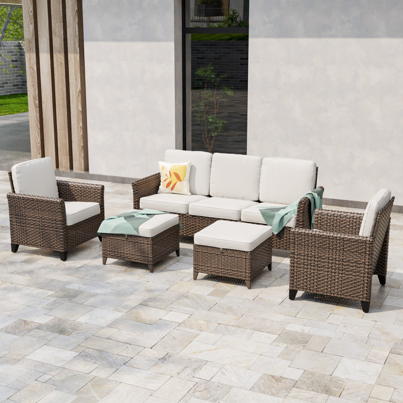 5-Person Mix Brown Rattan Patio Outdoor Wicker Spacious Lounge Chair Conversation Set Sofa Seating Group with Cushion, Beige