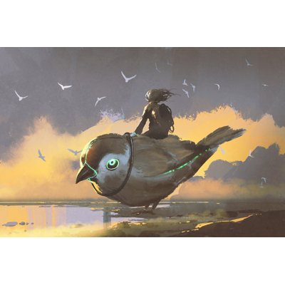 Girl Sitting On Bird by Grandfailure - Wrapped Canvas Painting