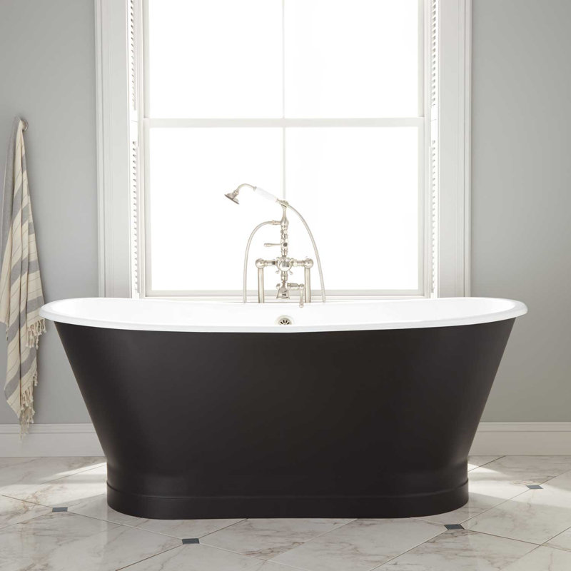 67" Kateryn Cast Iron Freestanding Bateau Tub, Polished Brass, Black