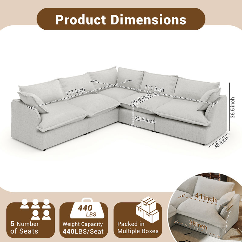Canapé modulaire en lin mélangé Linen Blend, canapé convertible rembourré Cloud, Mélange de lin gris