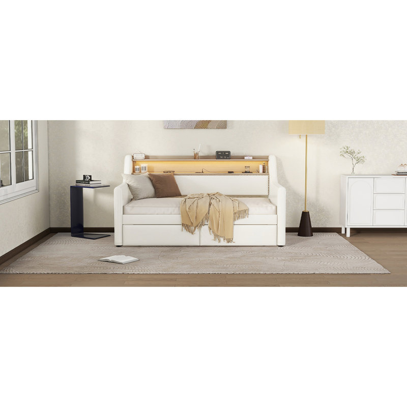 Lit de jour simple avec station de charge et lumières à DEL, revêtement de tête de lit spacieux et tapissier blanc, revêtement