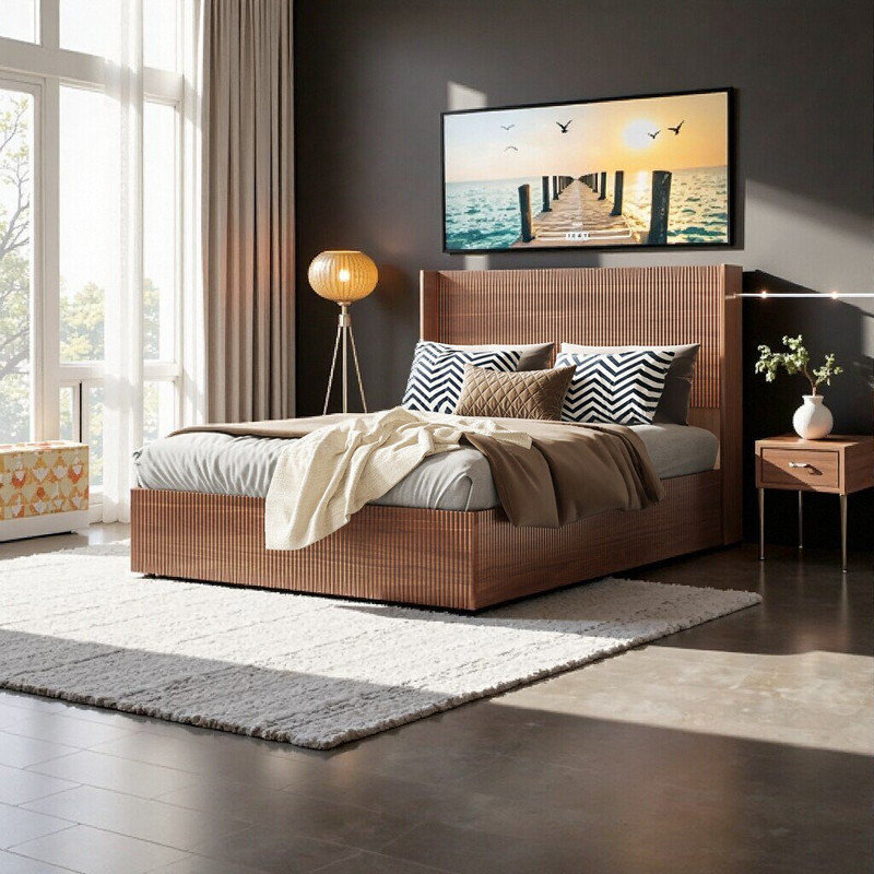 Grand lit de rangement avec tête de lit surélevée
