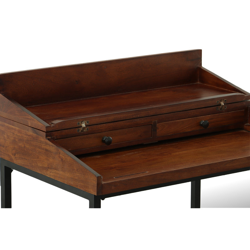 Rustic Brown 31 Inch Wide Desk with Cast Iron Frame and Storage Drawers