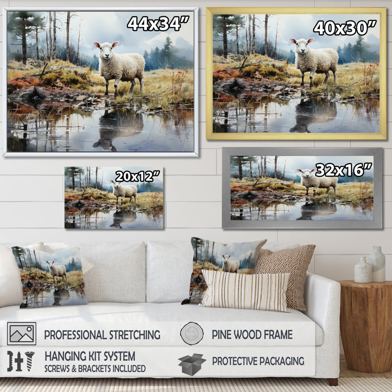 Sheep Reflection - reproduction sur toile, Cadre simple noir, H 34 po x l 44 po x P 1,5 po