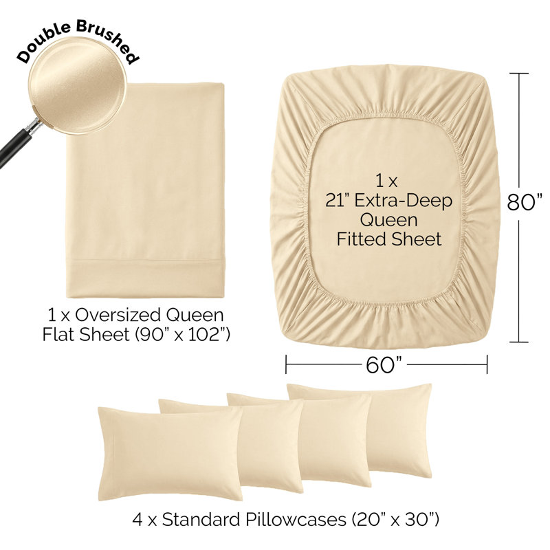 Southshore Fine Linens Vilano Springs Extra Deep Pocket 6-Piece Sheet Set, Ultra Soft Double-Brushed 110 GSM Microfiber Bedding, 21-Inch Deep Pocket, 4 Pillowcases, Queen, Soft Sand