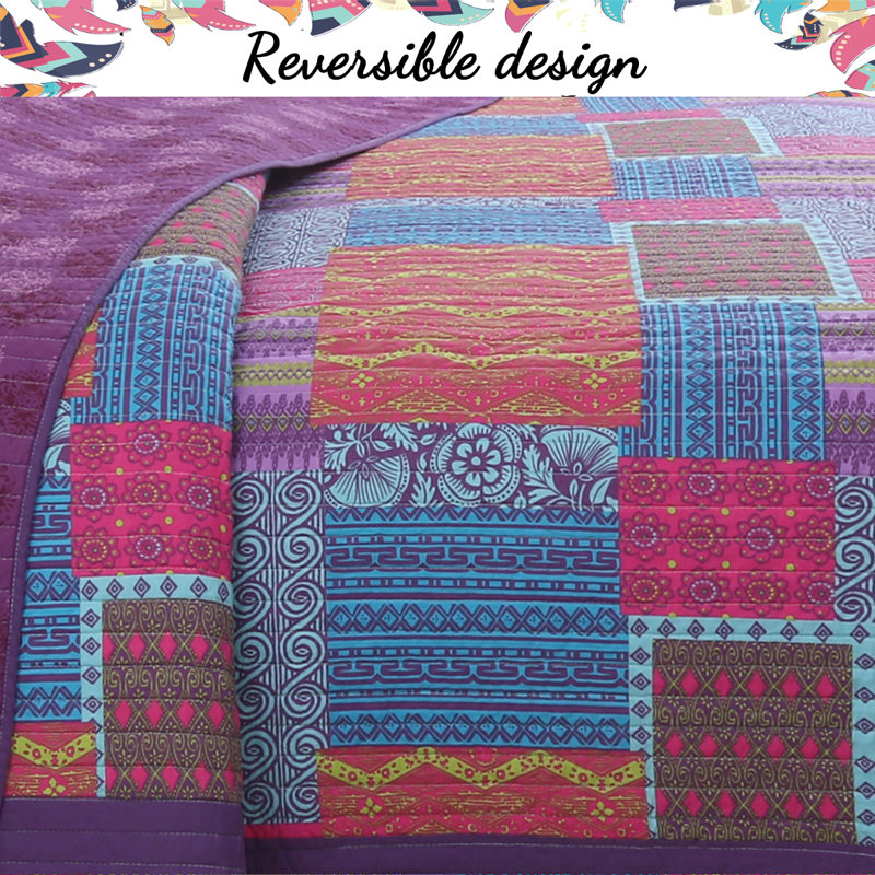 Queen Purple Cotton Reversible Patchwork Quilt Set