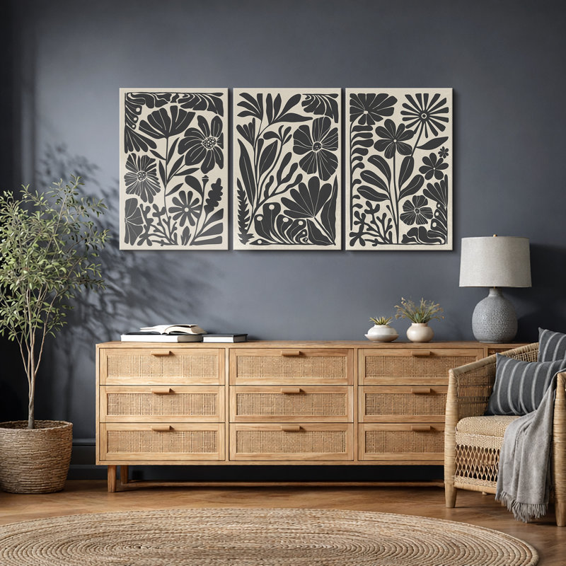Abstrait botanique, art floral bohème noir et beige, photos murales de salon de style Mid-Century moderne, impression sur toile encadrée, 3 pièces, 16 po x 24 po x 3 pièces, 24 po x 36 po x 3 pièces, 20 po x 60 po x 3 pièces
