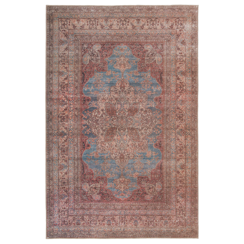 Washable Blue and Red Medallion Wool Rug