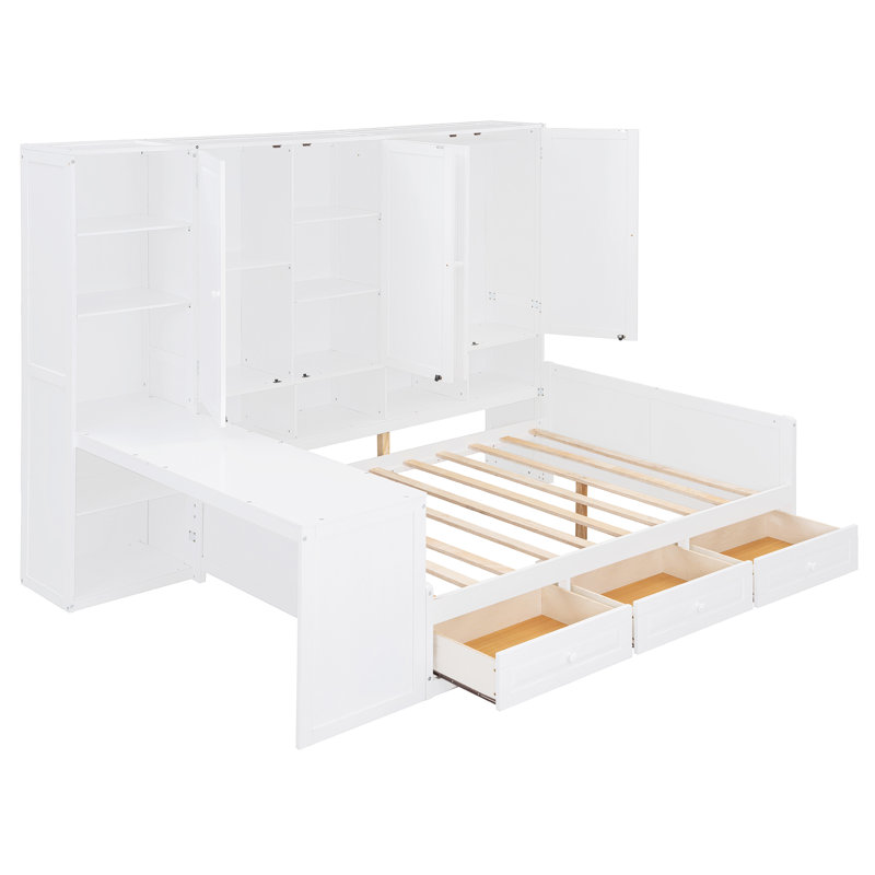Wooden Daybed with Desk, Three Drawers, Cabinet & Shelves – Space-Saving Storage & Workstation for Bedroom, White, Full