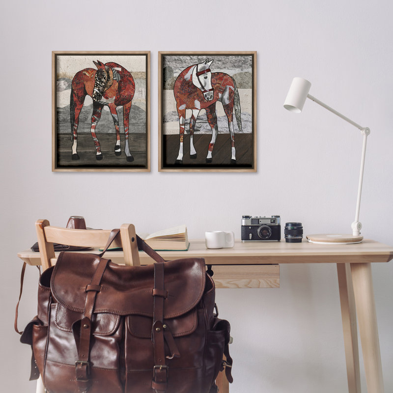 «Abstract Patchwork Horses», ensemble de 2 toiles flottantes encadrées par Coco Good, Cadre flottant orme Montalcino