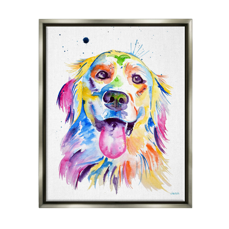 Impression sur toile, "Happy Dog Face", aquarelle, H 31 po x l 25 po x P 1,7 po, Cadre flottant gris lustré