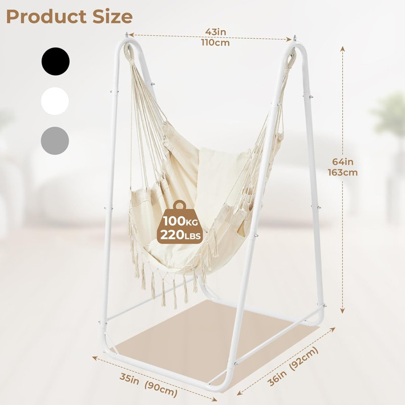 Chaise de hamac avec support, support de hamac en acier robuste pour l'intérieur et l'extérieur, support solide et base stable, capacité de 220 lb, conception en forme de U, assemblage facile, chaise de hamac incluse - blanc