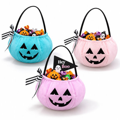 3 Pcs Small Halloween Pumpkin Basket 7.9 x 5.12 Inch Pumpkin Basket Trick or Treat Buckets Goodie Candy Gift Bags with Handle for Halloween Exchange Supplies