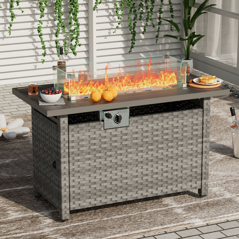 Table d'extérieur pour foyer d'extérieur au propane en rotin pour patio extérieur