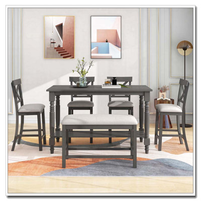 Ensemble de salle à manger 6 pièces à hauteur de comptoir avec tablette de rangement et chaises à dossier échelle (gris)