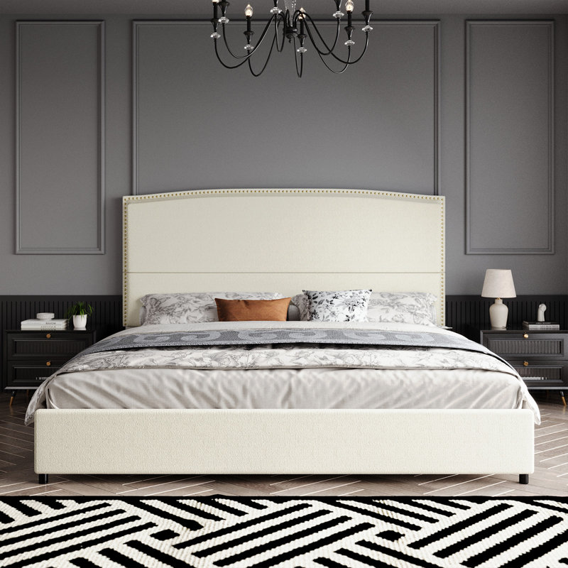 Bed Frame with 56" Tall Headboard, Boucle Upholstered Platform Bed with Nailhead Trim, Soft Fabric, No Box Spring Needed, Easy Assembly
