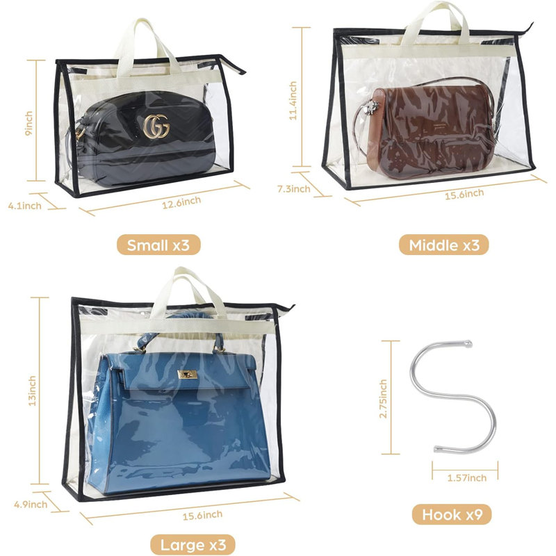 9 Pack Dust Bags For Handbags, Clear Handbag Storage, Purse Storage Organizer For Closet, Purse Cover Hanging Closet Organizer With Zipper