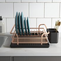 Dish Drying Rack, Rustproof Aluminium Dish Racks for Kitchen Counter,  Expandable(14.9-22.2) Kitchen Sink Large Dish Drying Rack with  Drainboard, Utensil Holder with Drain Spout (Dark Grey) 