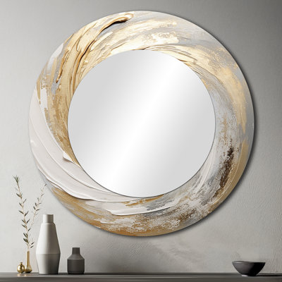 Gold And White Soft Wave Vortex III - Abstract Spirals Decorative Mirror, Modern Round Wall Mirror, Printed Metal Art