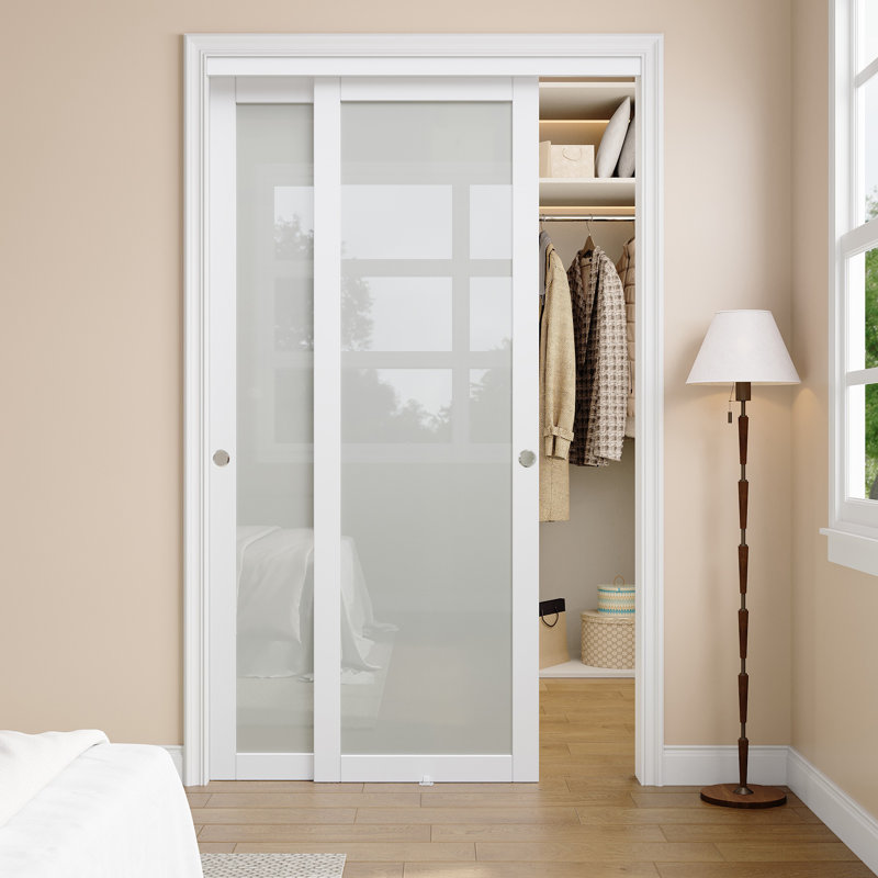 48"x 80" White 1-Panel Frosted Glass Sliding Door with Hardware Kit And Gold Upgrade Handles for Closet and No Assembly Required For Closet,Pantry,Living room