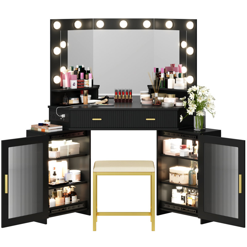 Ensemble de coiffeuse de maquillage moderne avec miroir et armoires Modern Corner, Noir, noir, noir, noir