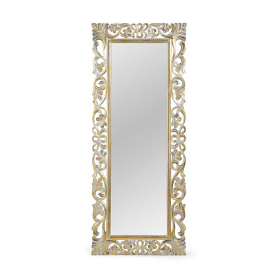 Handcrafted Traditional Carved Standing Mirror with Ornate Floral Design and Distressed Finish, Perfect for Elegant Home Decor.