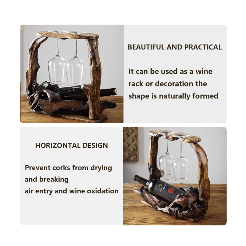 Millwood Pines Barira Solid Wood Tabletop Wine Bottle & Glass Rack in ...