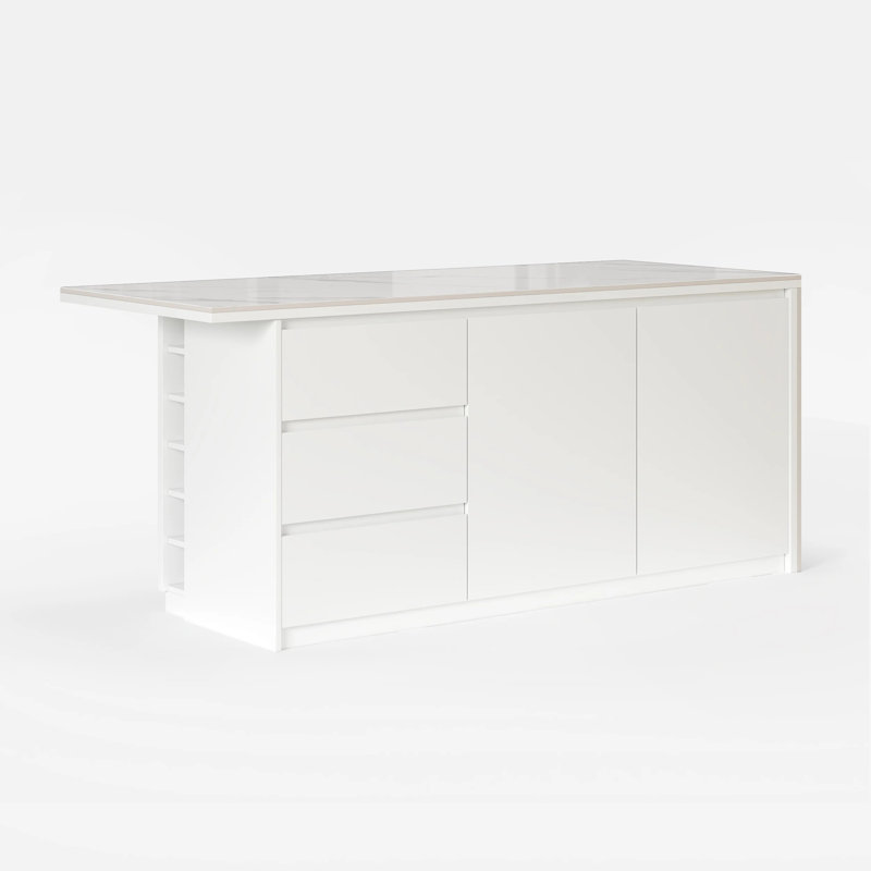 72" Kitchen Island With Storage,Kitchen Cabinet with Seating Area and Sintered Stone Table Top, White, Sintered Stone