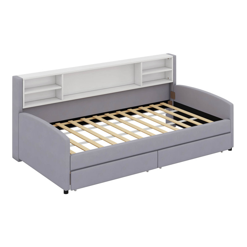 Twin Size Upholstered Platform Bed With Storage And Drawers, Grey
